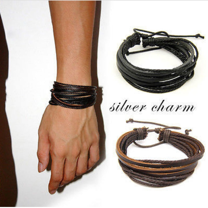 Hot Sale Unisex Multilayer Charm Surfer Tribal Wrap Bangle Genuine Leather Bracelet For Men Women Jewelry Accessories