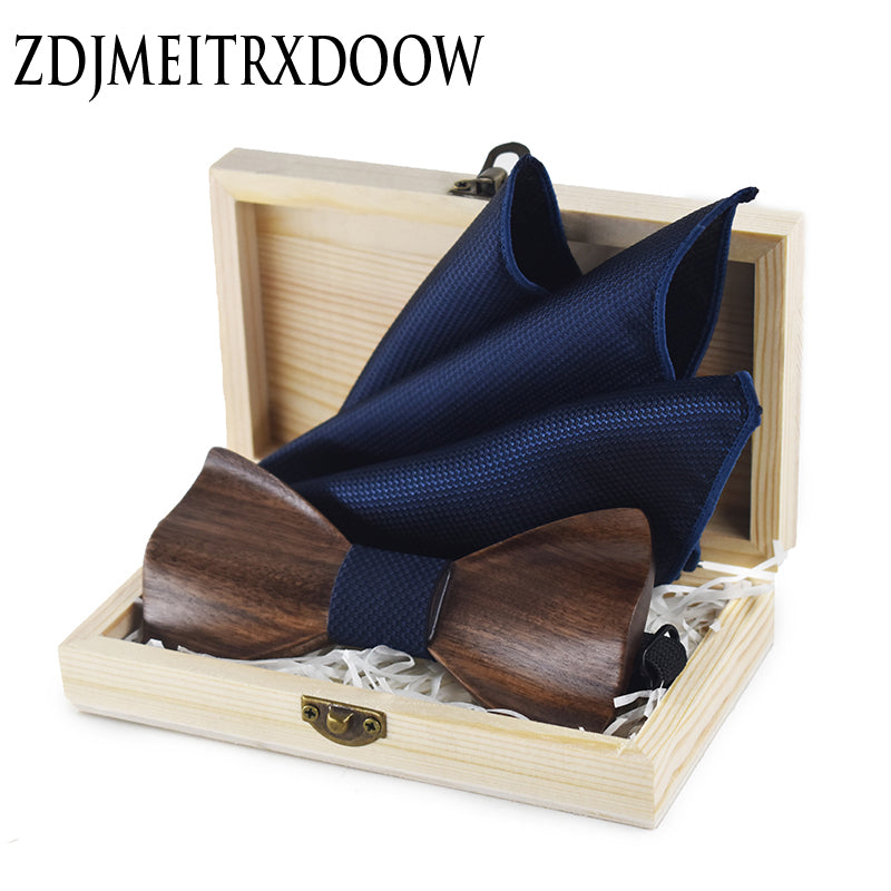 ZDJMEITRXDOOW 3D Wooden Bow Tie Men's Wedding Bowties With Wood Box Cufflinks Brooch Casual Luxury Vintage For Men Accessory