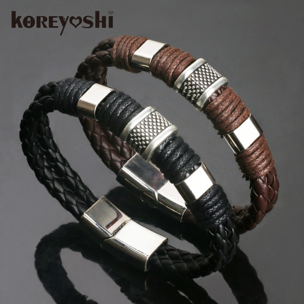 2018 new Jewelry Punk 2 color Zinc Alloy Accessories Weave Genuine leather Men braided  Bracelet male Bangles pulseras hombre