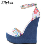 Eilyken 2018 New Designer Print Denim Sandals Roman Sandals High Quality Wedges High Heels Peep-Toe Platform Shoes Woman