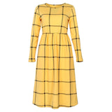 Pocket Fashion Autumn Winter Vintage Dress A-line Women Long Sleeve Tunic Plaid Dress Casual Empire Midi Dress Pockets New GV505