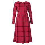 Pocket Fashion Autumn Winter Vintage Dress A-line Women Long Sleeve Tunic Plaid Dress Casual Empire Midi Dress Pockets New GV505