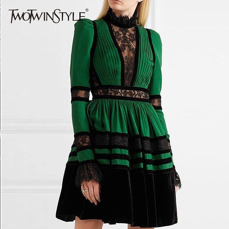 TWOTWINSTYLE Patchwork Velvet Chiffon Dresses Women Long Sleeve Sexy Lace Party Dress Female Big Size 2018 Autumn New Fashion