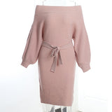 GCAROL New Autumn Winter Sexy Off Shoulder Women Long Sweater Dress with Sashes Knitted Pullover Tops Fashion Basic Knitwear