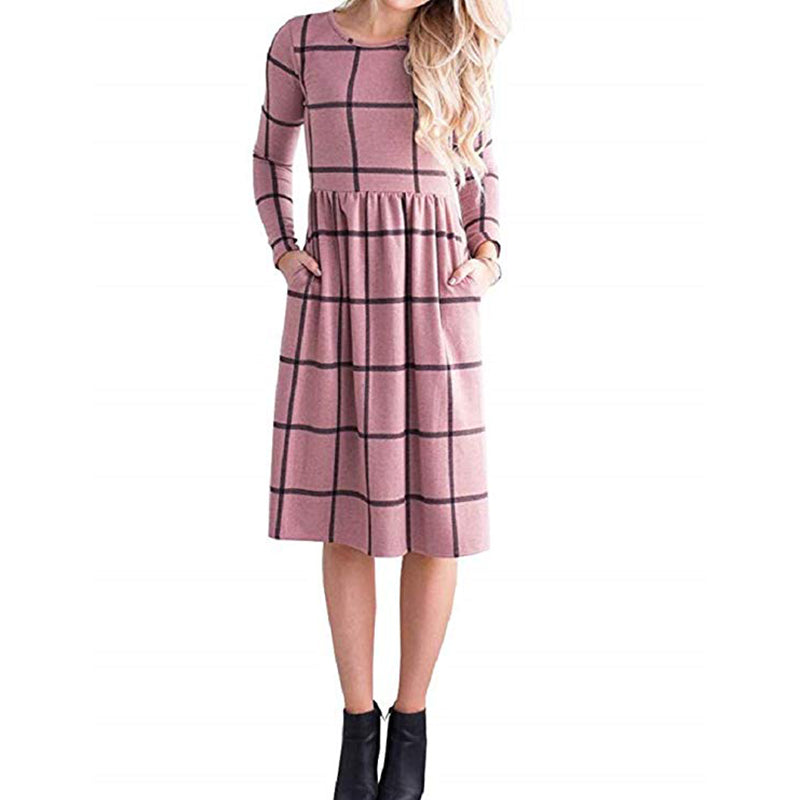Pocket Fashion Autumn Winter Vintage Dress A-line Women Long Sleeve Tunic Plaid Dress Casual Empire Midi Dress Pockets New GV505