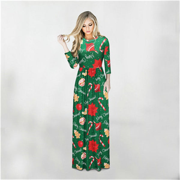 New Women Long Dress Christmas Print Seven Quarter Sleeve O Neck Slim Bandage Elegant Fashion Casual Ladies Party Dress Vestidos