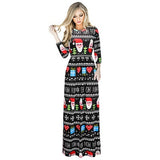 New Women Long Dress Christmas Print Seven Quarter Sleeve O Neck Slim Bandage Elegant Fashion Casual Ladies Party Dress Vestidos