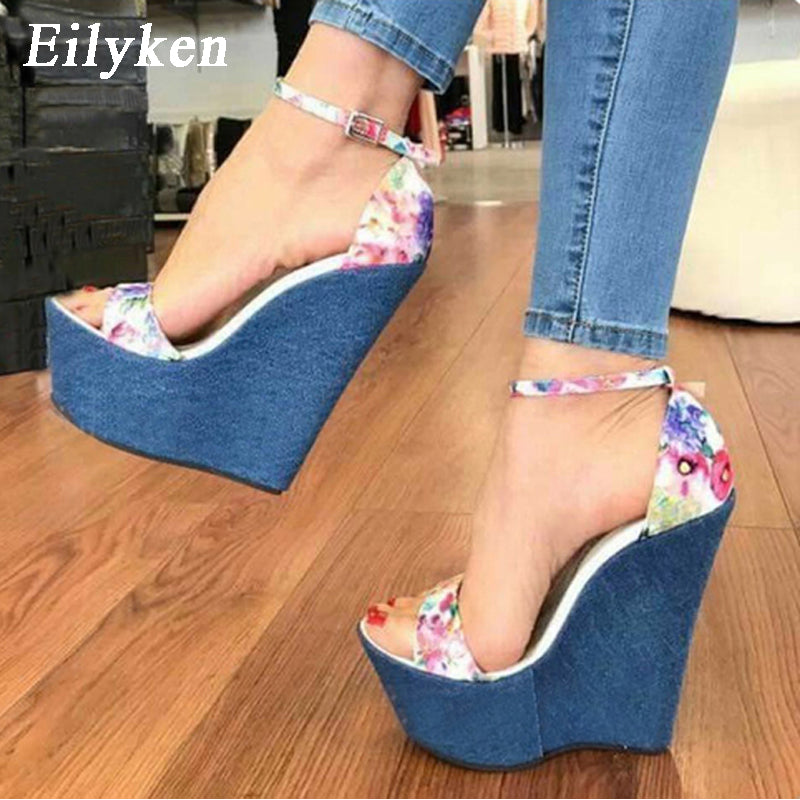 Eilyken 2018 New Designer Print Denim Sandals Roman Sandals High Quality Wedges High Heels Peep-Toe Platform Shoes Woman