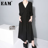 [EAM] 2019 New Spring  winter V-collar Half Sleeve Bandgae Loose Temperament Loose Big Size Chiffon Dress Women Fashion  JF733