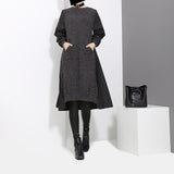 [EAM]2019 New Spring  Winter  Round Neck Long Sleeve Back Pleated Split Joint Irregular Loose Blue Dress Women Fashion  JD487