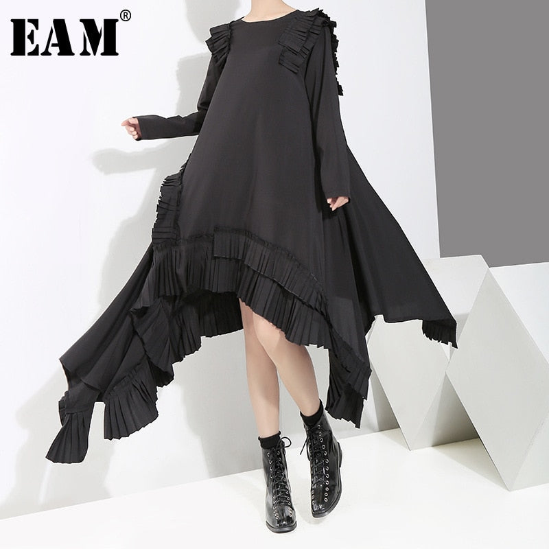 [EAM] 2019 New Spring  Winter Round Neck Long Sleeve Ruffles Split Joint Irregular Hem Loose Dress Women Fashion Tide JI045