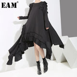 [EAM] 2019 New Spring  Winter Round Neck Long Sleeve Ruffles Split Joint Irregular Hem Loose Dress Women Fashion Tide JI045
