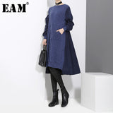 [EAM]2019 New Spring  Winter  Round Neck Long Sleeve Back Pleated Split Joint Irregular Loose Blue Dress Women Fashion  JD487