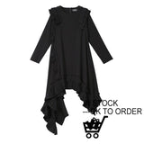 [EAM] 2019 New Spring  Winter Round Neck Long Sleeve Ruffles Split Joint Irregular Hem Loose Dress Women Fashion Tide JI045