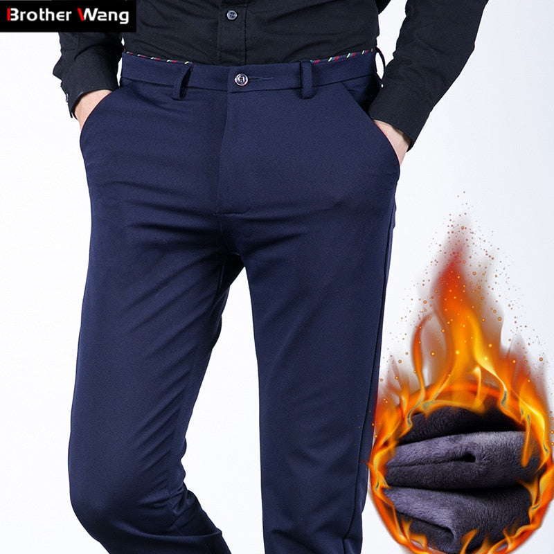 Brother Wang Brand 2019 Winter New Men's Warm Casual Pants Fashion Business Slim Elastic Fleece Thick Pants Plus Size 44 46