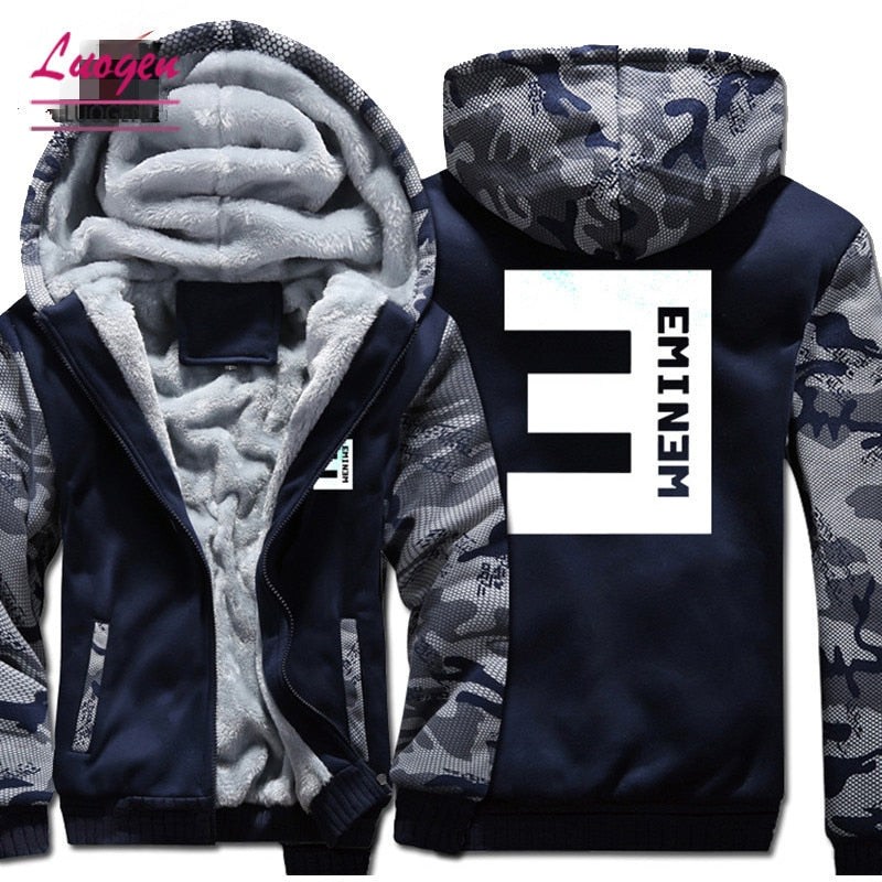 New Eminem Hoodies Warm Jackets Men Winter Hip Hop Coat Fashion Men Thicken Zipper Striped Patchwork Hooded Sweatshirts Tops