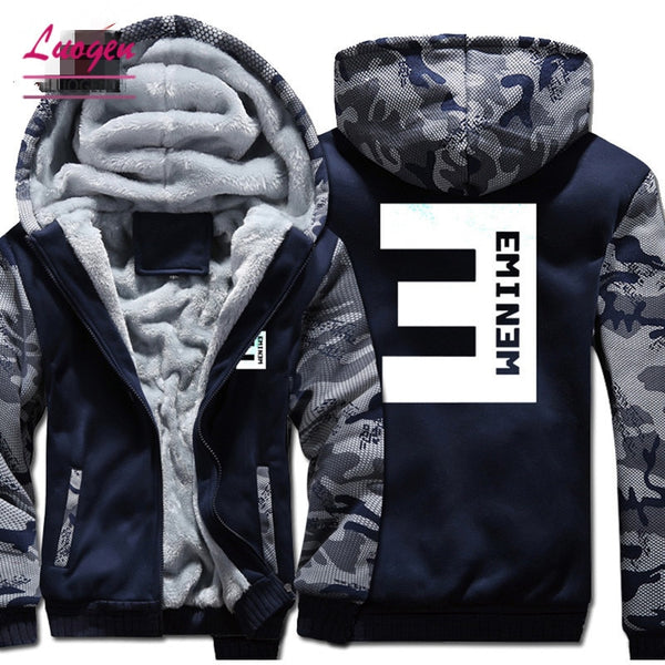 New Eminem Hoodies Warm Jackets Men Winter Hip Hop Coat Fashion Men Thicken Zipper Striped Patchwork Hooded Sweatshirts Tops